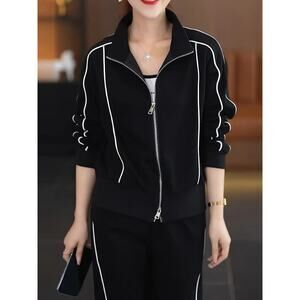 NWT ~ 2 Piece Black Casual Track Suit Sweatsuit White Trim Activewear ~ Size 2